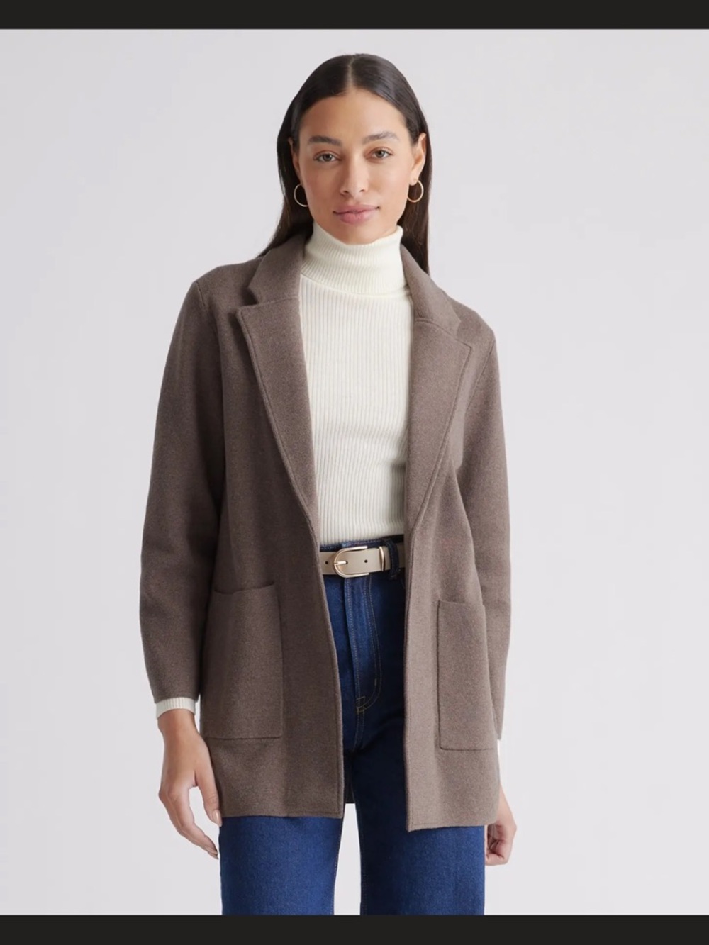 Quince Heather Brown 100% Cotton Knit Open-Front Blazer